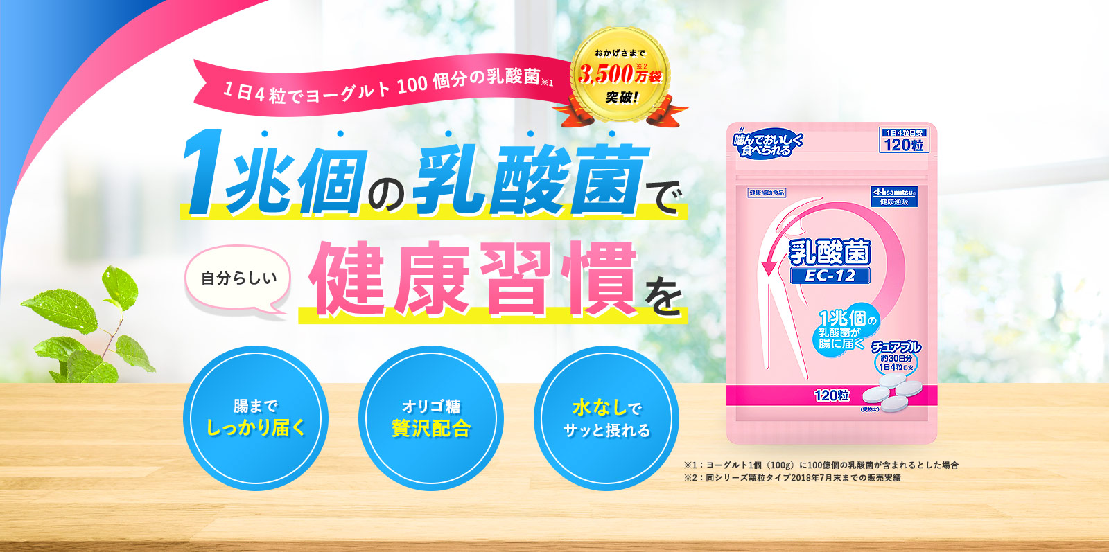 1日4粒でヨーグルト100個分の乳酸菌。1兆個の乳酸菌で自分らしい健康習慣を。腸までしっかり届く。オリゴ糖贅沢配合。水なしでサッと飲める