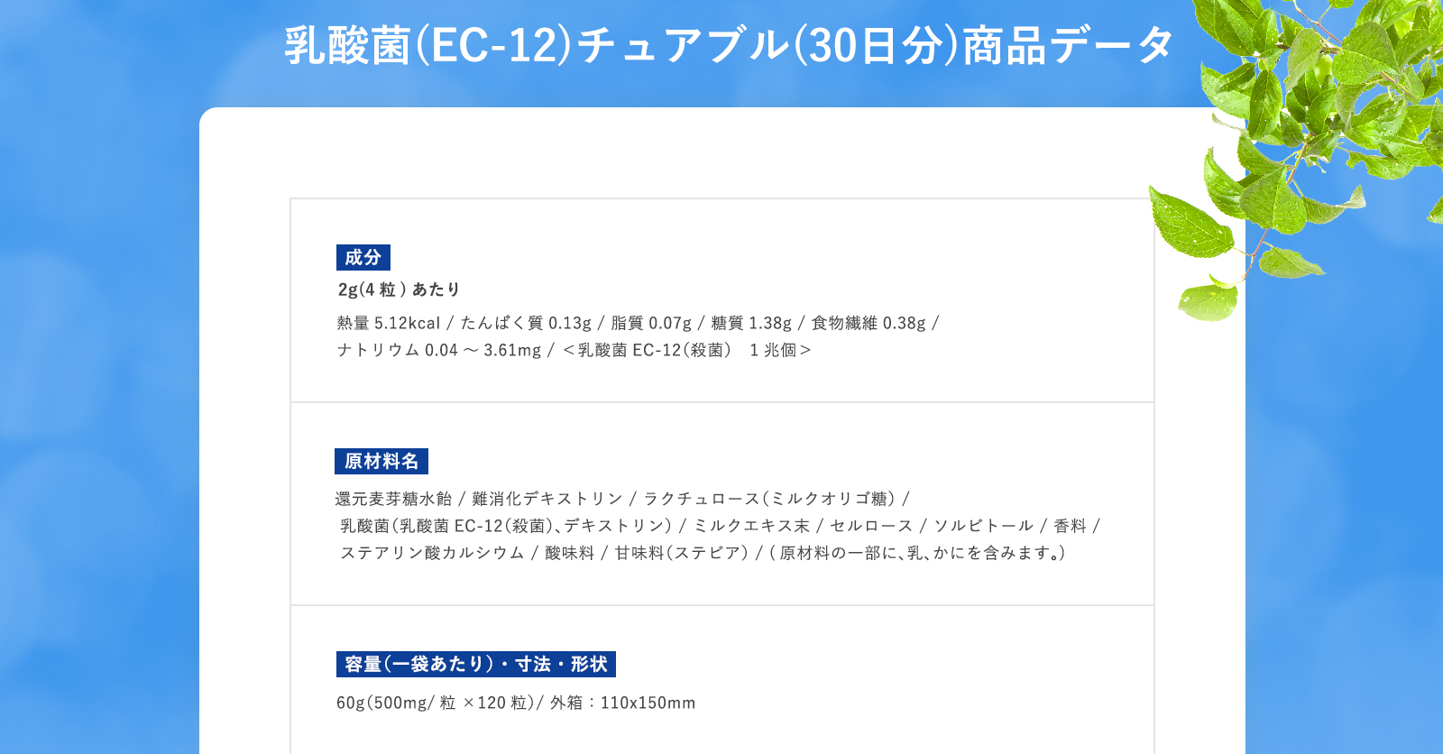 乳酸菌(EC-12)チュアブル(30日分)商品データ 成分 2g(4粒)あたり 熱量5.12kcal / たんぱく質0.13g / 脂質0.07g / 糖質1.38g / 食物繊維0.38g / ナトリウム0.04～3.61mg / ＜乳酸菌EC-12（殺菌）　1兆個＞ 原材料名 還元麦芽糖水飴 / 難消化デキストリン / ラクチュロース（ミルクオリゴ糖） / 乳酸菌（乳酸菌EC-12（殺菌）、デキストリン） / ミルクエキス末 / セルロース / ソルビトール / 香料 / ステアリン酸カルシウム / 酸味料 / 甘味料（ステビア） / (原材料の一部に、乳、かにを含みます。) 容量（一箱あたり）・寸法・形状 60g（500mg/粒×120粒）/ 外箱：110x150mm