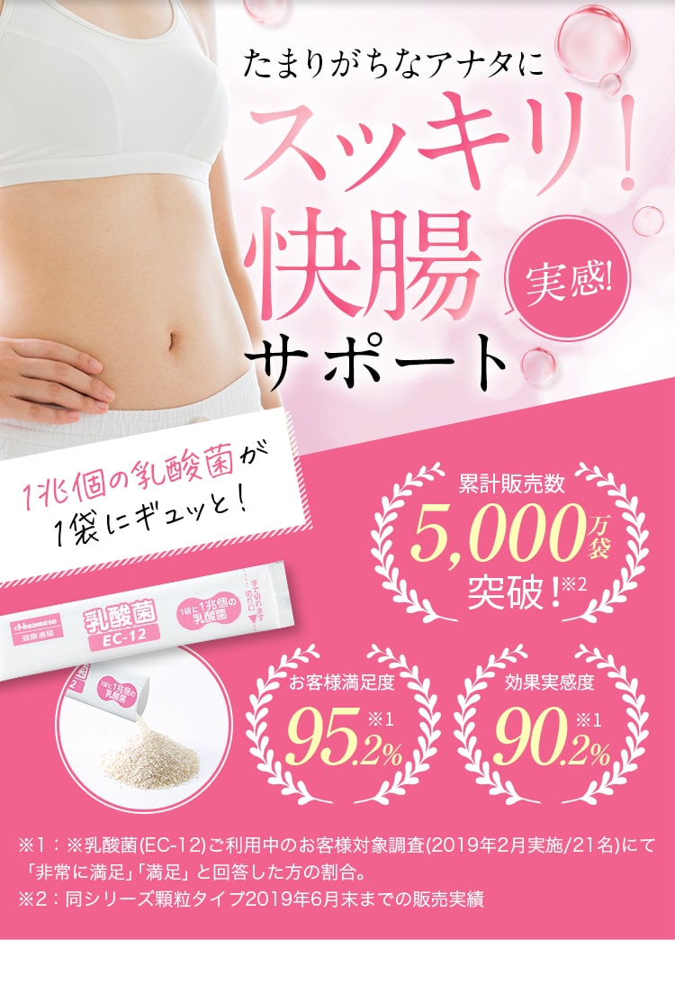 たまりがちなアナタにスッキリ！快腸サポート実感！1兆個の乳酸菌が1袋にギュッと！累計販売数5,000万袋