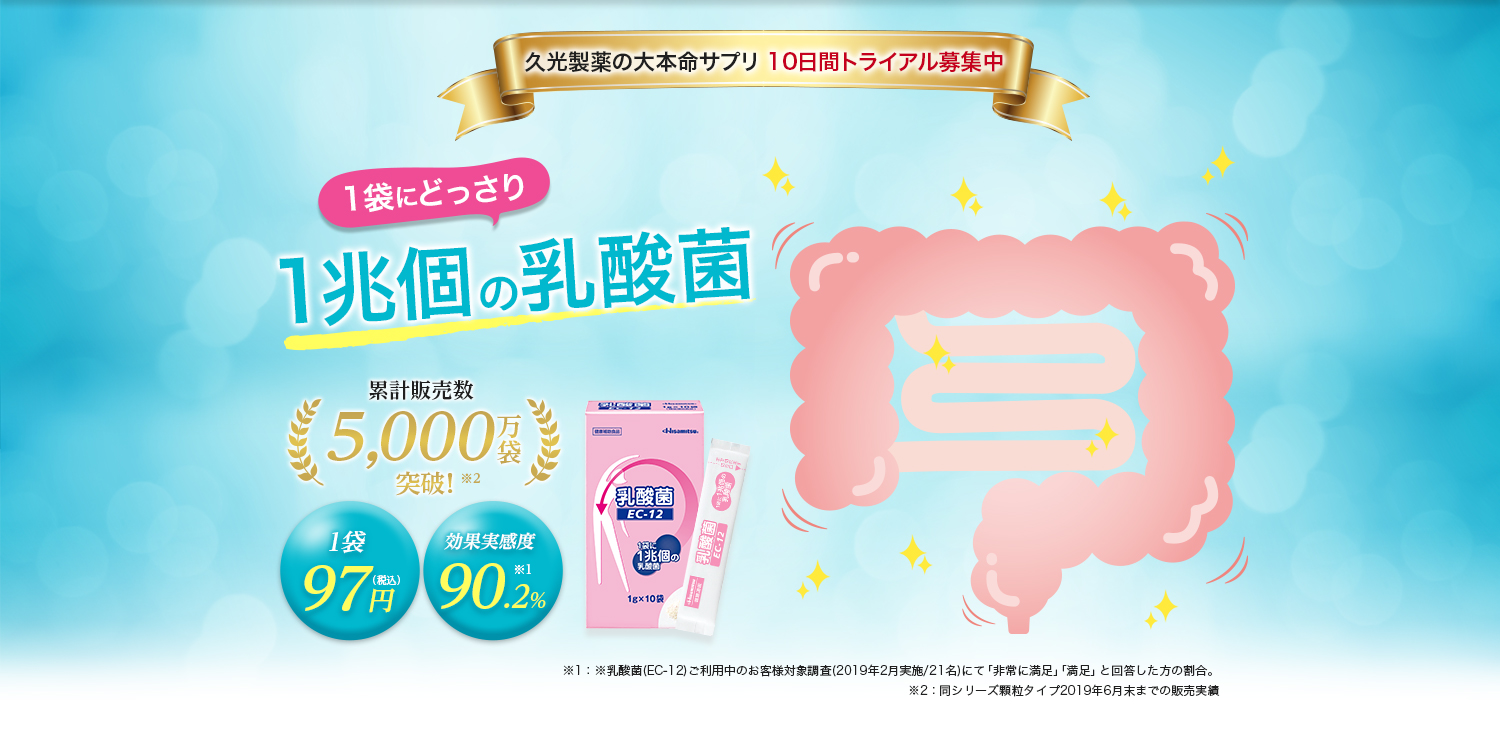 久光製薬の大本命サプリ 10日間トライアル募集中 1袋にどっさり1兆個の乳酸菌 累計販売数5,000万袋突破