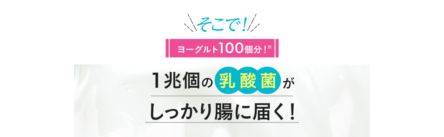 そこで！ヨーグルト100個分！1兆個の乳酸菌がしっかり腸に届く！