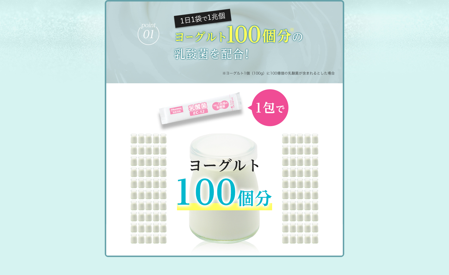 point01 1日1袋で1兆個 ヨーグルト100個分の乳酸菌を配合！1包でヨーグルト100個分