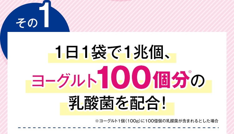 1日1袋で1兆個、ヨーグルト100個文の乳酸菌を配合!