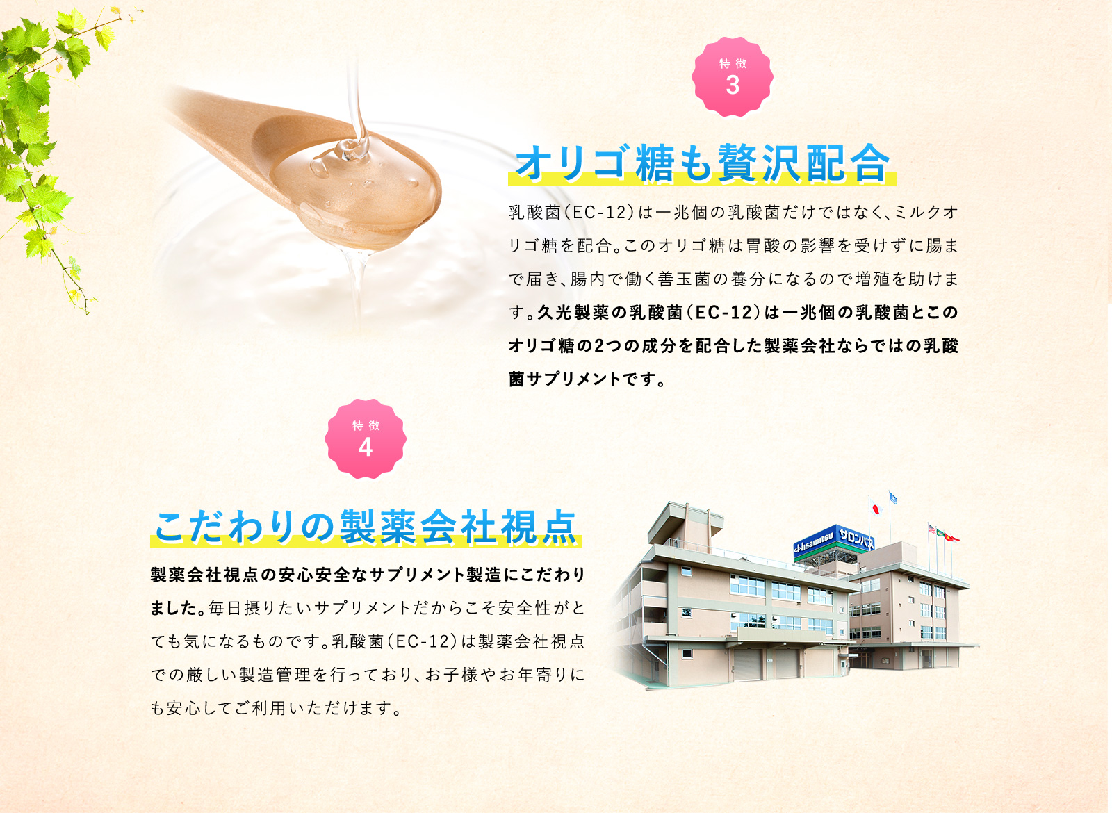 オリゴ糖も贅沢配合 乳酸菌（EC-12）は一兆個の乳酸菌だけではなく、ミルクオリゴ糖を配合。このオリゴ糖は胃酸の影響を受けずに腸まで届き、腸内で働く善玉菌の養分になるので増殖を助けます。久光製薬の乳酸菌（EC-12）は一兆個の乳酸菌とこのオリゴ糖の2つの成分を配合した製薬会社ならではの乳酸菌サプリメントです。 こだわりの製薬会社視点 製薬会社視点の安心安全なサプリメント製造にこだわりました。毎日摂りたいサプリメントだからこそ安全性がとても気になるものです。乳酸菌（EC-12）は製薬会社視点での厳しい製造管理を行っており、お子様やお年寄りにも安心してご利用いただけます。
