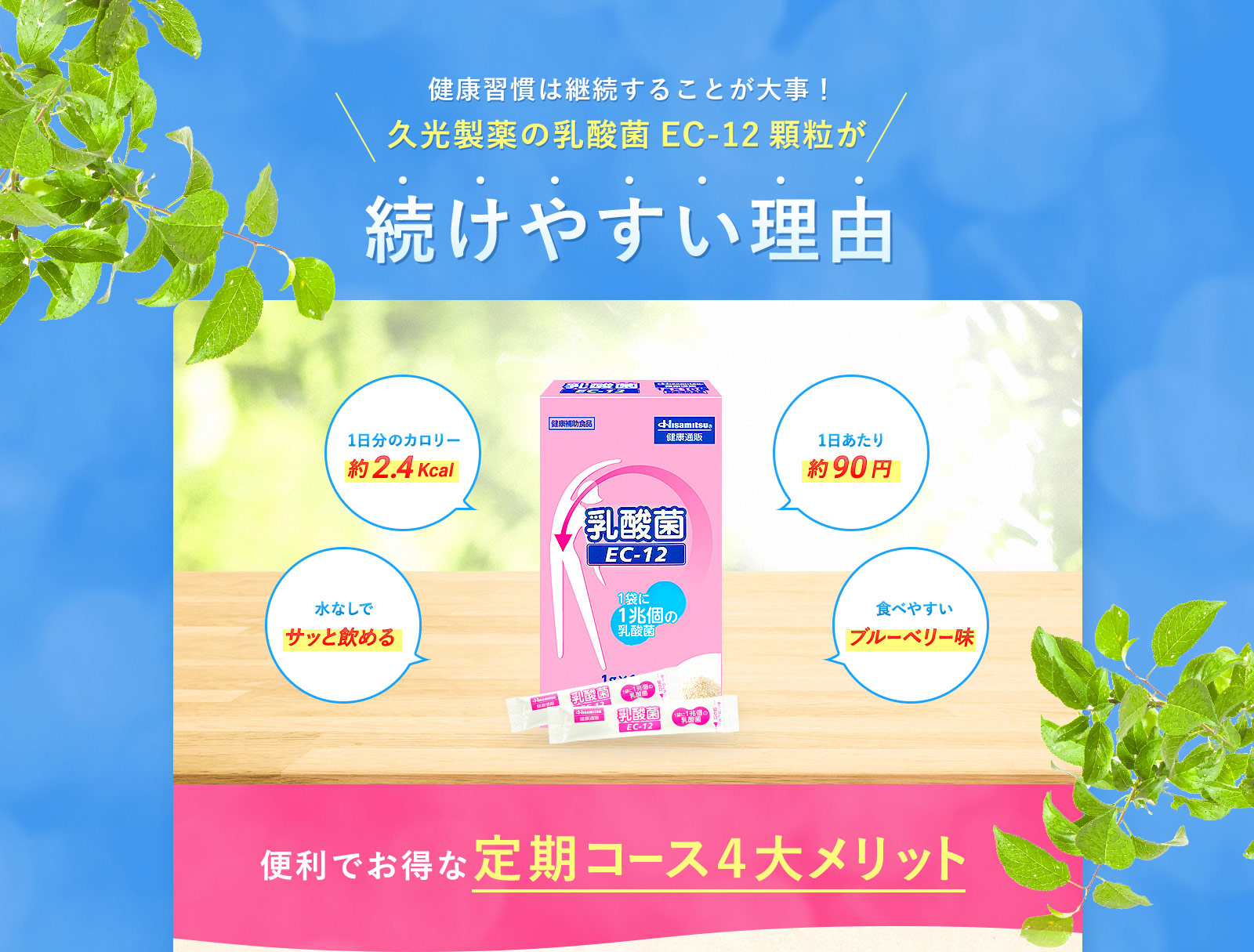 健康習慣は継続することが大事！久光製薬の乳酸菌EC-12顆粒が続けやすい理由 1日分のカロリー約2.4Kcal 1日あたり約90円 水なしでサッと飲める　食べやすいブルーベリー味　 便利でお得な定期コース４大メリット