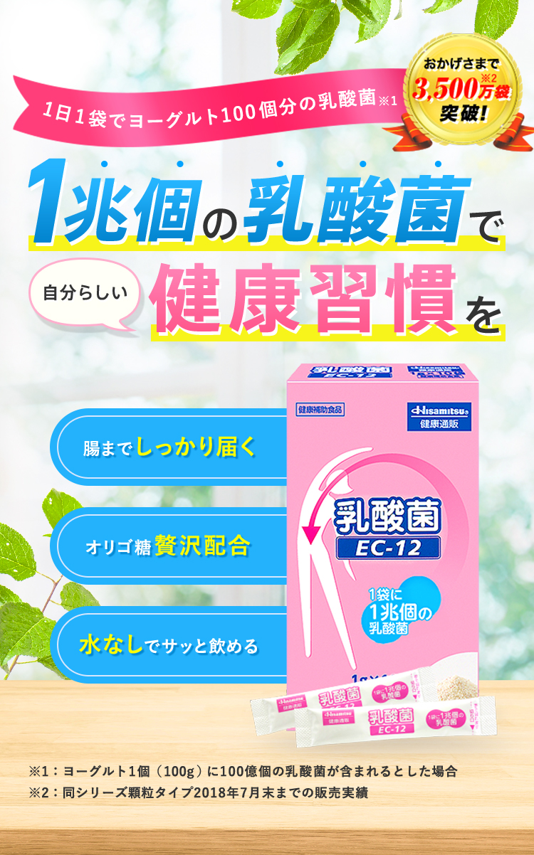 1日1袋でヨーグルト100個分の乳酸菌。1兆個の乳酸菌で自分らしい健康習慣を。腸までしっかり届く。オリゴ糖贅沢配合。水なしでサッと飲める