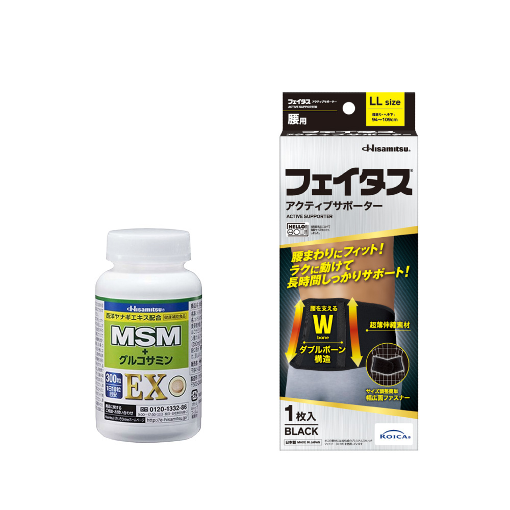 【社販特別セット】MSM+グルコサミンEX 300粒+フェイタス アクティブ サポーター 腰用 LLサイズ 【社販特別】MSM+サポーター