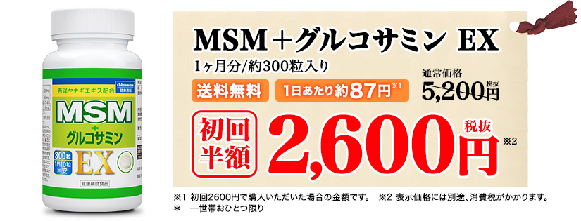MSM＋グルコサミン EX 1ヶ月分/約300粒入り 送料無料 1日あたり約87円 初回半額 2,600円（税抜）