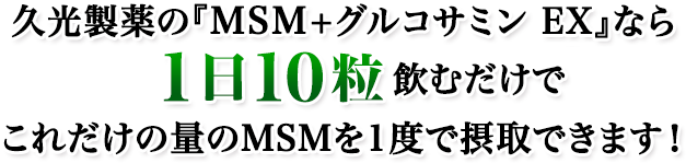 久光製薬の『MSM+グルコサミン EX』なら1日10粒飲むだけでこれだけの量のMSMを1度で摂取できます！