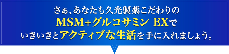 さぁ、あなたも久光製薬こだわりのMSM+グルコサミン EXでいきいきとアクティブな生活を手に入れましょう。