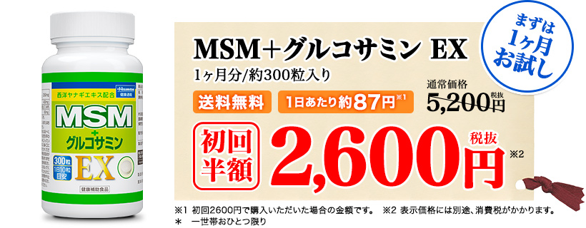 まずは1ヶ月お試し MSM＋グルコサミン EX 1ヶ月分/約300粒入り 送料無料 1日あたり約87円 初回半額 2,600円（税抜）