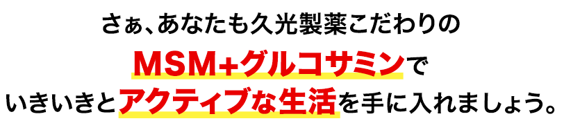 さぁ、あなたも久光製薬こだわりのMSM+グルコサミンでいきいきとアクティブな生活を手に入れましょう。