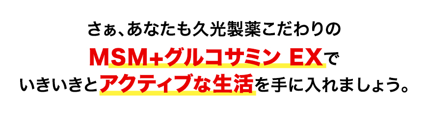 さぁ、あなたも久光製薬こだわりのMSM＋グルコサミン EXでいきいきとアクティブな生活を手に入れましょう。