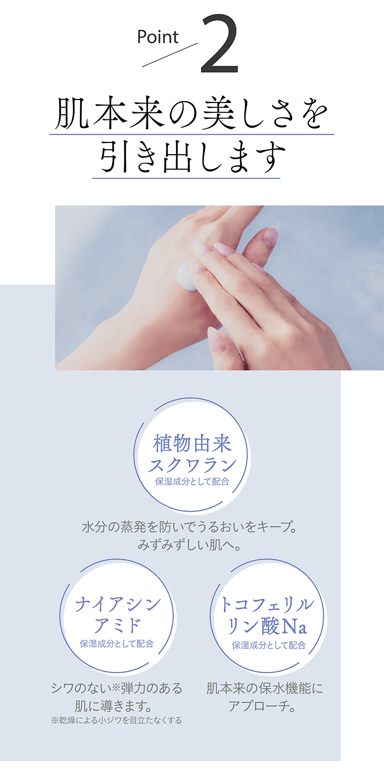 Point2 肌本来の美しさを引き出します 植物由来スクワラン 水分の蒸発を防いでうるおいをキープ。みずみずしい肌へ。ナイアシンアミド シワのない弾力のある肌に導きます。トコフェリルリン酸Na 肌本来の保水機能にアプローチ。