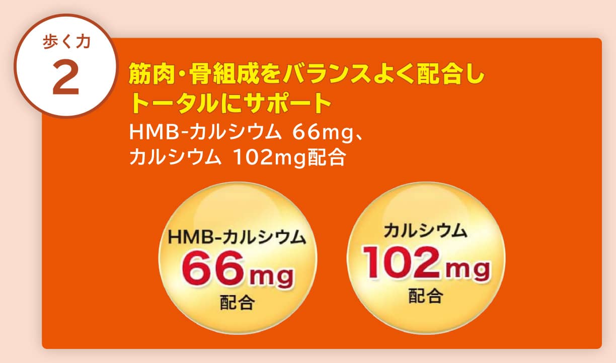 【歩く力2】筋力・骨成分をバランスよく配合しトータルにサポート HMB-カルシウム 66mg、カルシウム 102mg配合