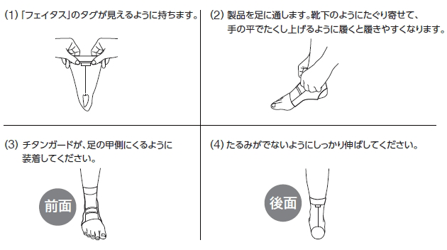 (1)「フェイタス」のタグが見えるように持ちます。(2)製品を足に通します。靴下のようにたぐり寄せて、手の平でたくし上げるように履くと履きやすくなります。(3)チタンガードが、足の甲側にくるように装着してください。(4)たるみがでないようにしっかりと伸ばしてください。
