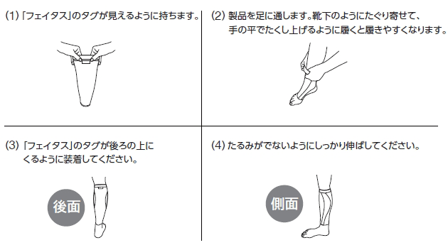 (1)「フェイタス」のタグが見えるように持ちます。(2)製品を足に通します。靴下のようにたぐり寄せて、手の平でたくし上げるように履くと履きやすくなります。(3)「フェイタス」のタグが後ろの上にくるように装着してください。(4)たるみがでないようにしっかりと伸ばしてください。