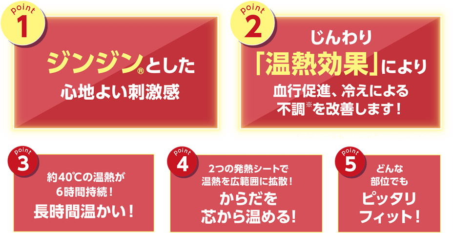 point1 ジンジンとした心地良い刺激感！　point2 発熱立ち上がりスピード感アップ！　point3 約40℃の温熱が6時間持続！長時間温かい！　point4 ２つの発熱シートで温熱を広範囲に拡散！からだを芯から温める！　point5 どんな部位でもピッタリフィット！