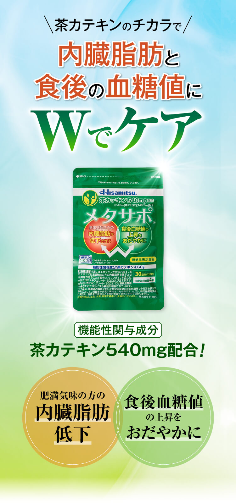 茶カテキンのチカラで、内臓脂肪と食後の血糖値にWでケア。茶カテキン540㎎配合！