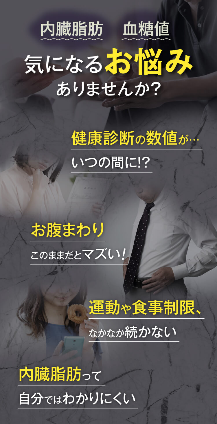 内臓脂肪、血糖値、気になるお悩みありませんか？健康診断の数値、お腹まわり。