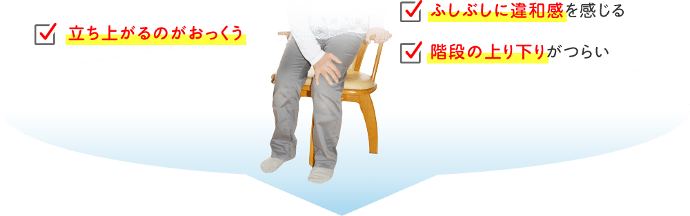 立ち上がるのがおっくう/ふしぶしに違和感を感じる/階段の上り下りがつらい