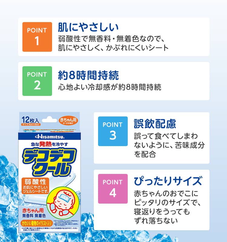 POINT1 肌に優しい POINT2 約8時間持続 POINT3 誤飲配慮 POINT4 ぴったりサイズ